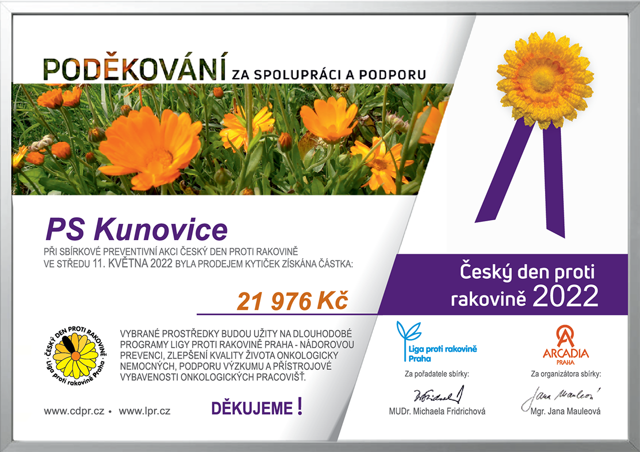 Dne 11. 5. 2022 jsme se tradičně zapojili do Českého dne proti rakovině a s ním spojené sbírky ve prospěch Ligy proti rakovině Praha. Podařilo se nám vybrat částku 21.976,- Kč. Všem dárcům mnohokrát děkujeme, přispěli jste na dobrou věc, kterou Český den proti rakovině bezesporu je!