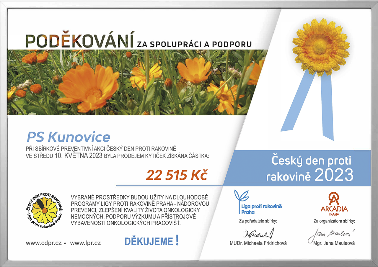 Jak je již naším zvykem, dne 10. 5. 2023 jsme se zapojili do Českého dne proti rakovině. Do sbírky ve prospěch Ligy proti rakovině Praha se nám podařilo vybrat částku 22.515,- Kč. Velice si vážíme všech dárců a mnohokrát Vám děkujeme!